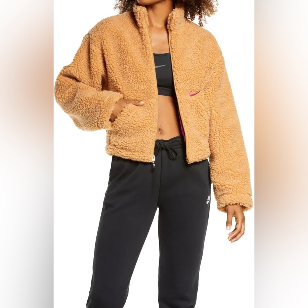nike swoosh faux fur jacket flax cactus size small